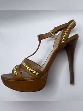 Michael Kors Brown Leather Platform T-Strap Sandal with Gold Studs